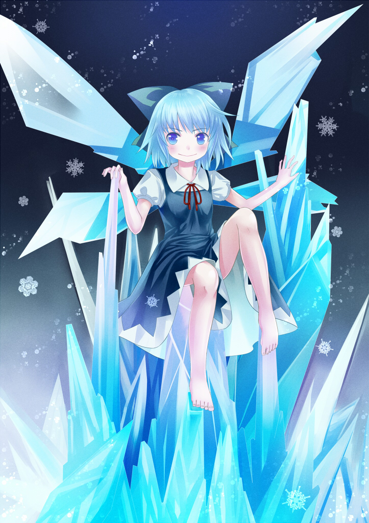 aqua, aqua_(color), aqua_background, aqua_hair, bare_legs, barefoot, blue_background, blue_dress, blue_eyes, blue_ribbon, blush, bow, cirno, crystal, dress, hair_bow, hair_ribbon, ice, ice_wings, jumper, knees, legs, looking_away, mugishima, puffy_sleeves, ribbon, short_hair, sitting, smile, snowflakes, snowing, solo, toes, touhou, wings