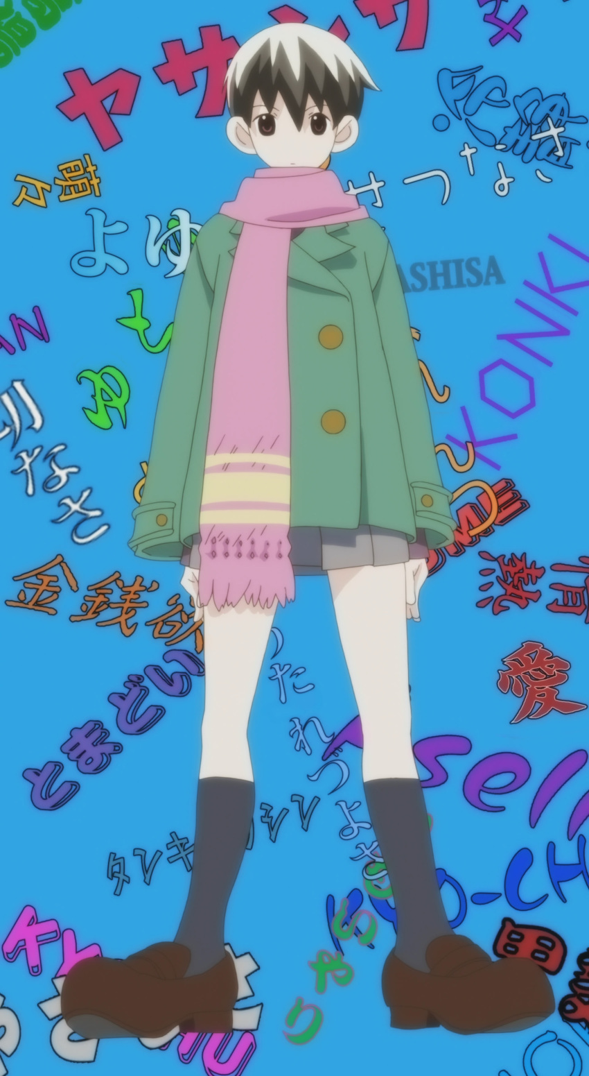 absurdres, black_hair, blue_background, brown_eyes, footwear, highres, kanji, katteni_kaizou