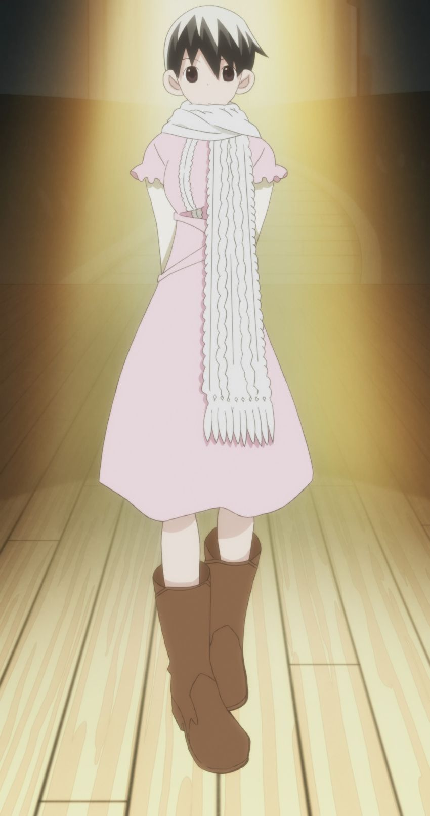 absurdres, arms_behind_back, black_hair, boots, brown_eyes, dress, high_boots, highres