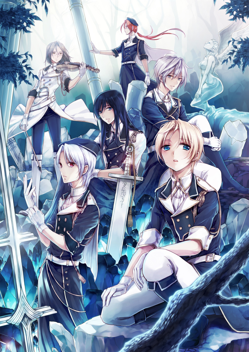 black_hair, blonde_hair, blue_eyes, boots, character_request, children_of_the_rune, glasses, gloves