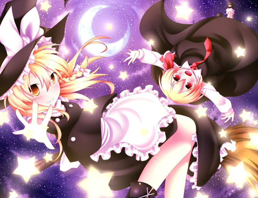 2girls, blonde_hair, bow, braid, broom, crescent, dark495, dress