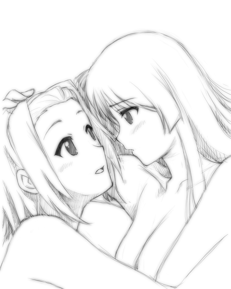 akiyama_mio, breasts, dancho_(danch), eye_contact, hand_on_head, k-on!, looking_at_another, monochrome