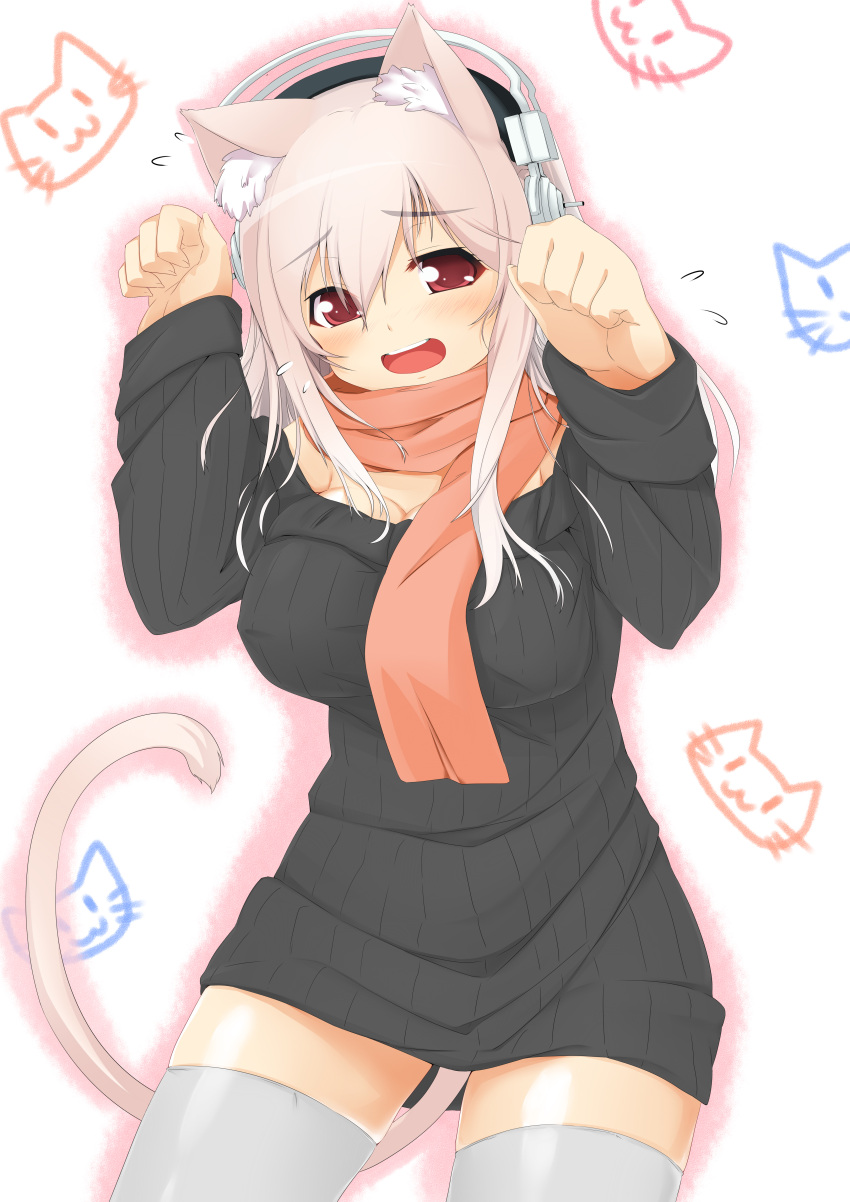 absurdres, animal_ears, blush, breasts, cat_ears, cat_tail, dodome-iro_mayonnaise, dodome_(sharon), drawing, flying_sweatdrops, headphones, highres, kemonomimi_mode, long_hair, long_sleeves, nitroplus, open_mouth, paw_pose, pink_hair, red_eyes, scarf, solo, sonico, super_sonico, sweater, sweater_dress, tail, thigh-highs, thighhighs, white_legwear