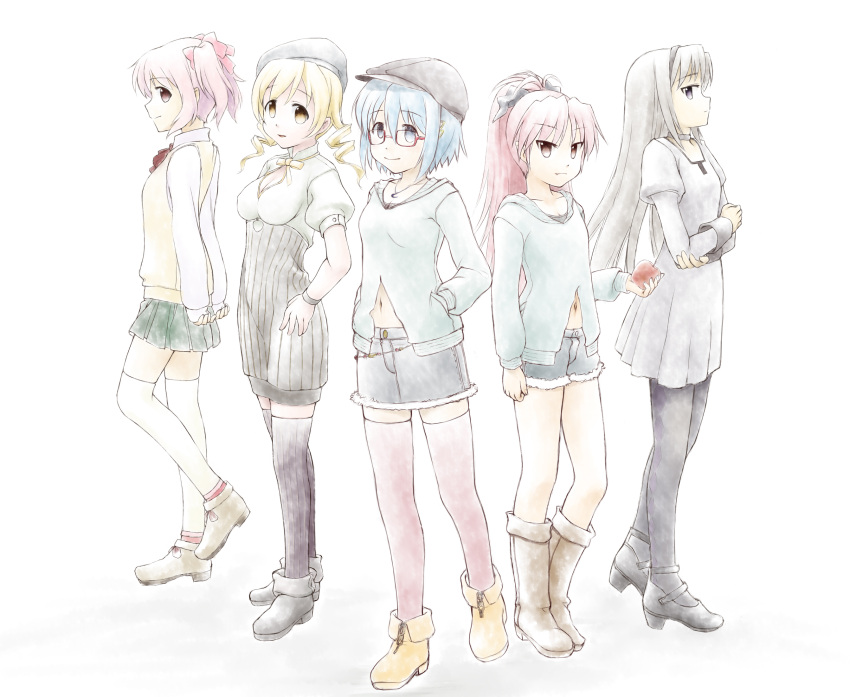 akemi_homura, alternate_costume, ankle_boots, antenna_hair, apple, argyle, argyle_legwear, belly_chain