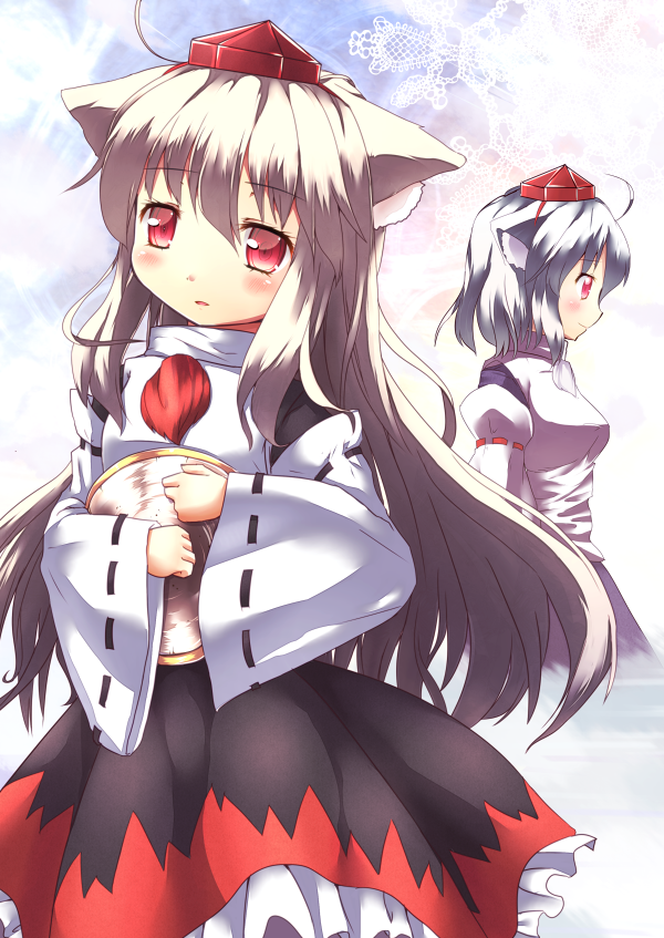 animal_ears, breasts, detached_sleeves, dual_persona, hat, inubashiri_momiji, multiple_girls, red_eyes