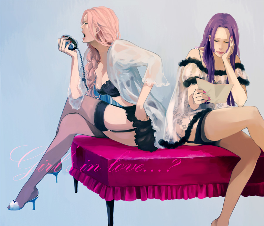 ass, boa_hancock, breasts, cleavage, garter_straps, high_heels, hina_(one_piece), legs, lingerie, lips, long_hair, multiple_girls, nail_polish, one_piece, otonai, painted_nails, pink_hair, purple_hair, shoes, thigh-highs, thighhighs, timidbunny, underwear