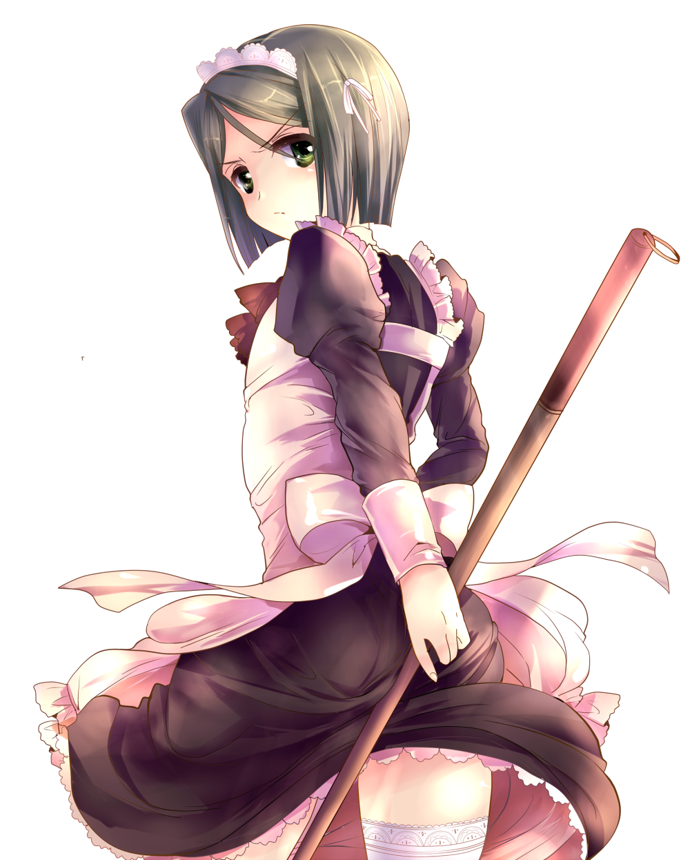 alternate_costume, apron, bangs, black_hair, bob_cut, crossdressinging, dress, enmaided, fate/stay_night, fate/zero, fate_(series), green_eyes, highres, lace, lace-trimmed_thighhighs, maid, maid_headdress, male, mop, parted_bangs, short_hair, solo, tanada, thigh-highs, thighhighs, trap, waver_velvet