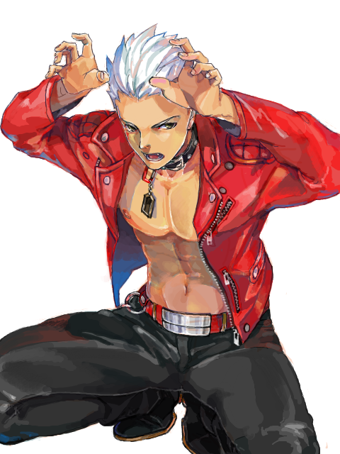 archer, collar, dark_skin, fangs, fate/extra, fate/extra_ccc, fate/stay_night, fate_(series), grey_eyes, jacket, kurozukuri, leather_pants, male, paw_pose, red_jacket, solo, tan, white_hair