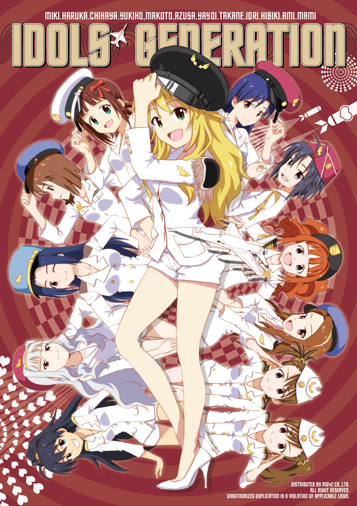 6+girls, airplane, amami_haruka, bare_legs, black_hair, blonde_hair, blue_hair, brown_hair