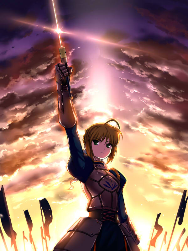 ahoge, armor, armored_dress, blonde_hair, dress, excalibur, fate/stay_night, fate_(series)