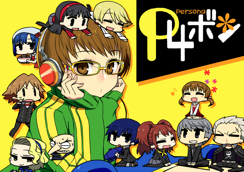 6+girls, amagi_yukiko, brown_eyes, brown_hair, chan_co, chibi, chin_rest, doujima_nanako