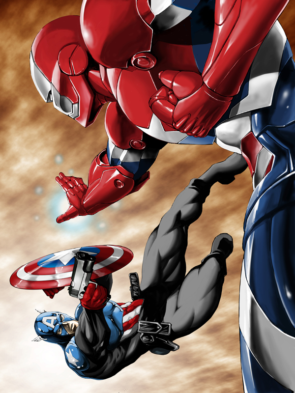 2boys, battle, captain_america, gun, iron_patriot, marvel, multiple_boys, noq, power_armor, shield, weapon