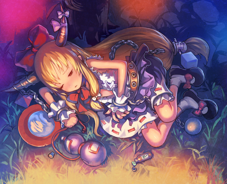 ?, ball, belt, blonde_hair, bottle, bow, chain, chains