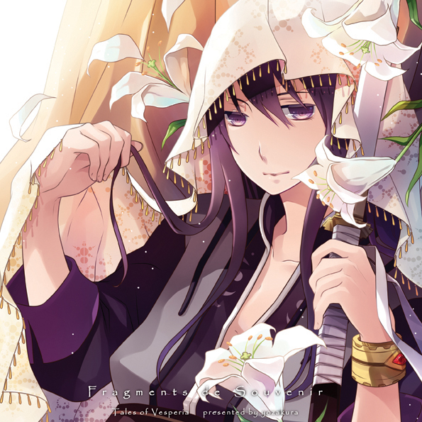 black_hair, brown_background, flower, hair_between_eyes, holding_hair, lily_(flower), long_hair, male