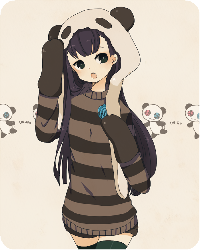 ayu_(mog), bad_id, black_hair, long_hair, open_mouth, panda_hat, sasa_kazamori, shirt