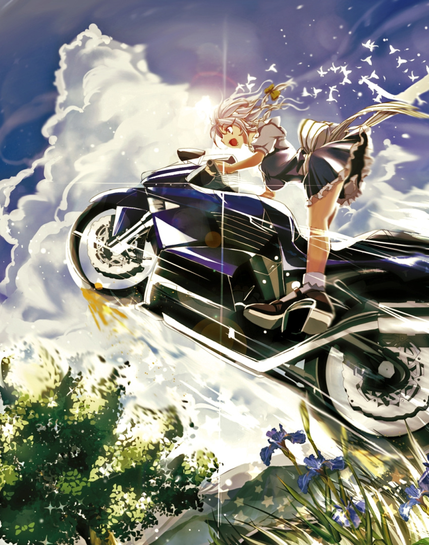 braid, breasts, cloud, flower, footwear, frilled_skirt, grass, hair_ribbon, haruhina_purple, highres, hill, izayoi_sakuya, maid, maid_headdress, motor_vehicle, motorcycle, open_mouth, pollen, ribbon, riding, rock, shoes, short_hair, silver_hair, skirt, sky, socks, solo, sparkle, speed_lines, star, sunlight, touhou, tree, twin_braids, vehicle, white_legwear