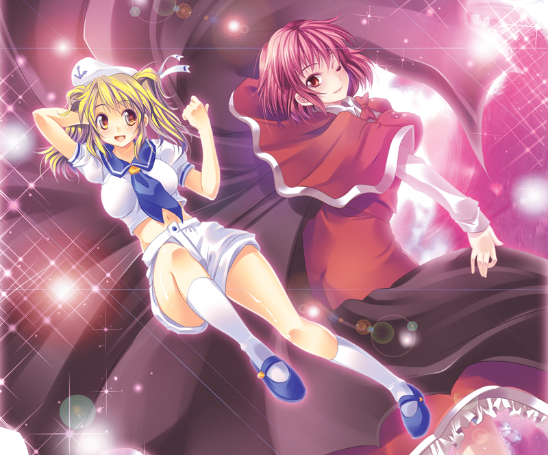 anchor, blonde_hair, cape, capelet, hat, kitashirakawa_chiyuri, kneehighs, lens_flare