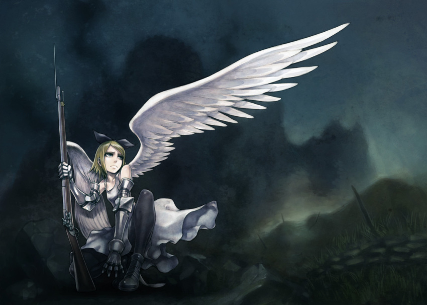 armor, bow, gun, hair_bow, hanji_(hansi), kagamine_rin, shinichi_tahara, solo