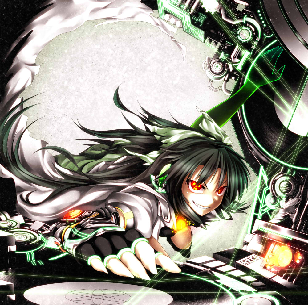black_hair, bow, cape, dj, fingerless_gloves, gloves, grin, hair_bow