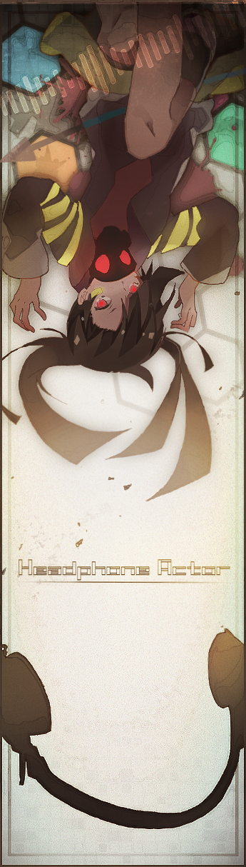 black_hair, ene_(kagerou_project), gas_mask, headphone_actor_(vocaloid), headphones, highres, ia_(vocaloid), long_hair