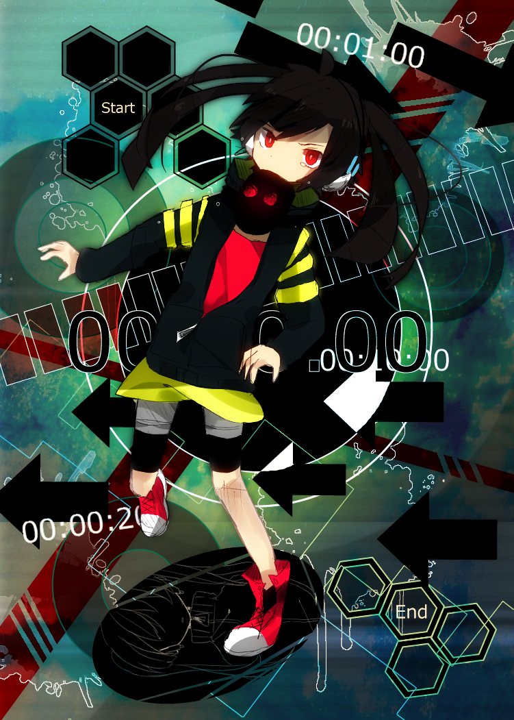 black_hair, ene_(kagerou_project), gas_mask, headphone_actor_(vocaloid), ia_(vocaloid), long_hair, meega, red_eyes