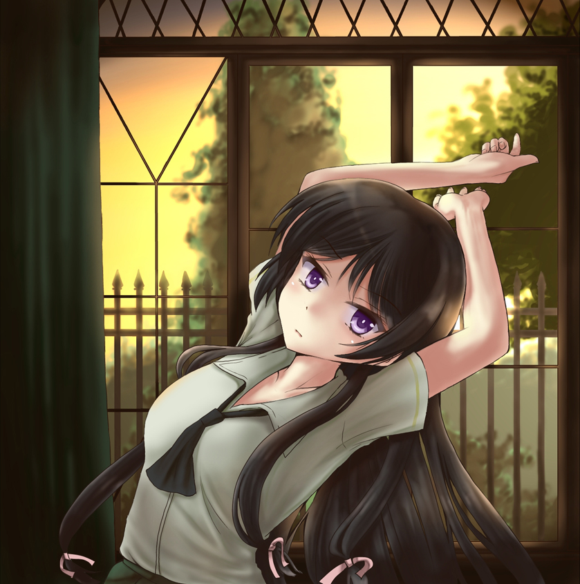 black_hair, boku_wa_tomodachi_ga_sukunai, curtains, fence, hair_ribbon, long_hair, mikazuki_yozora, purple_eyes