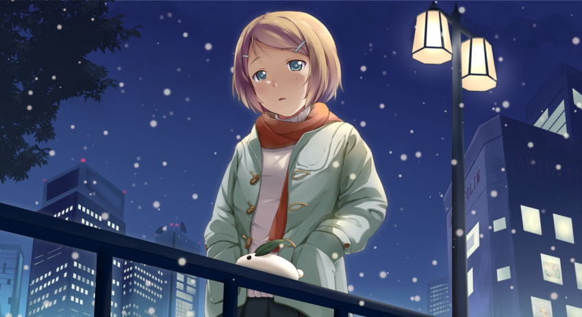 alternate_hairstyle, blue_eyes, building, hair_ornament, hairclip, hand_in_pocket, jacket, kagamine_rin