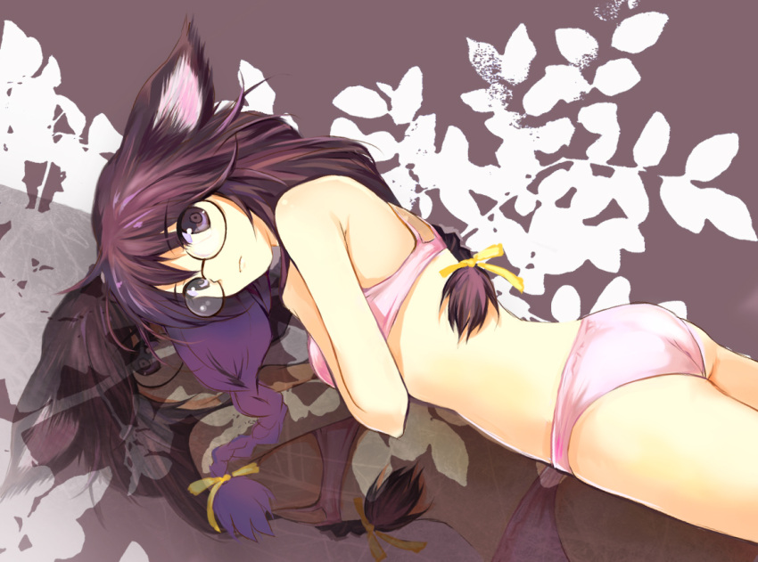 animal_ears, bakemonogatari, bra, braid, cat_ears, glasses, hair_ribbon, hanekawa_tsubasa, lingerie, monogatari_(series), nekomongatari, nekomonogatari, panties, petals, purple_eyes, purple_hair, reflection, ribbon, shiawase_usagi, solo, twin_braids, underwear, violet_eyes