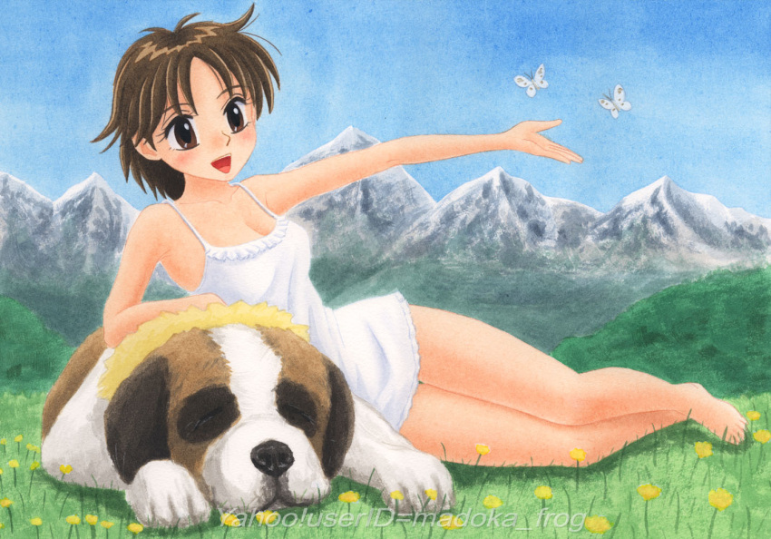 :d, acrylic_paint_(medium), adelheid_'heidi', alps_no_shoujo_heidi, animal, bad_id, bare_legs, barefoot