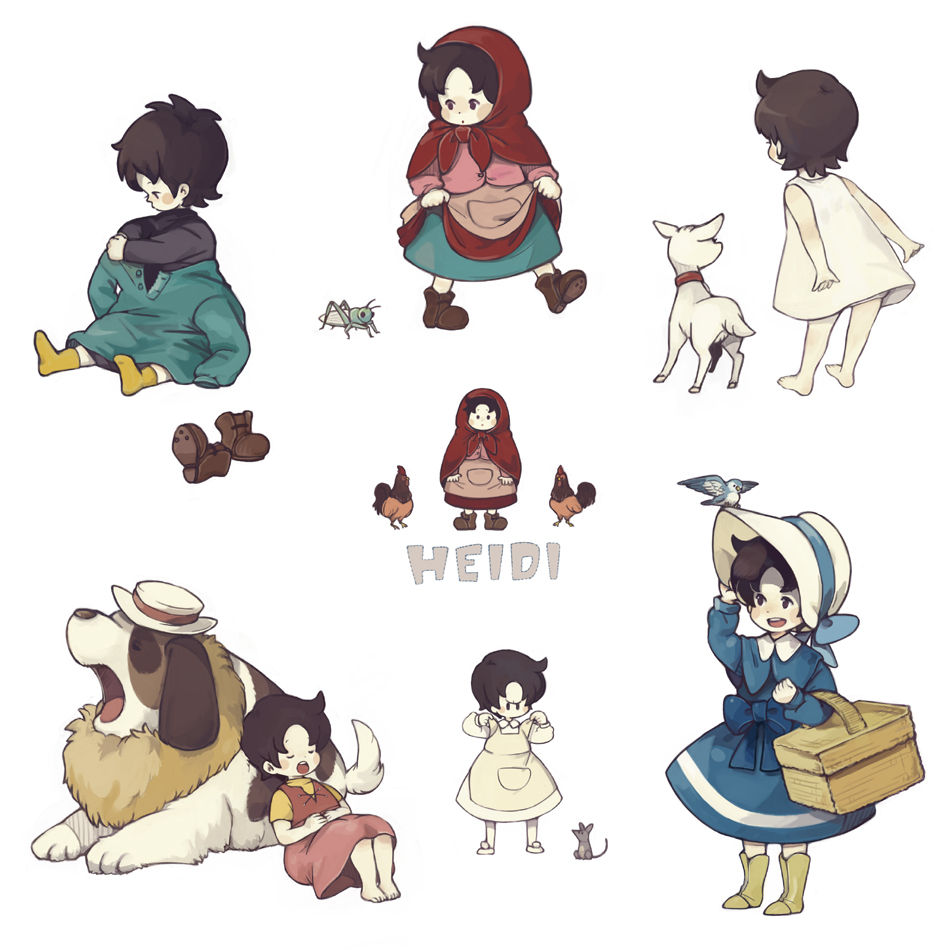70s, adelheid_'heidi', alps_no_shoujo_heidi, animal, basket, bird, bonnet, cape