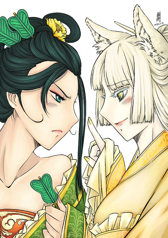 angry, animal_ears, antaria, black_hair, chinese_clothes, collarbone, fan, fox_ears, frown, green_eyes, hair_ornament, hime_cut, journey_to_the_west, multiple_girls, signature, simple_background, tie_shan_gongzhu, white_background, yellow_eyes, yu_mian_gongzhu