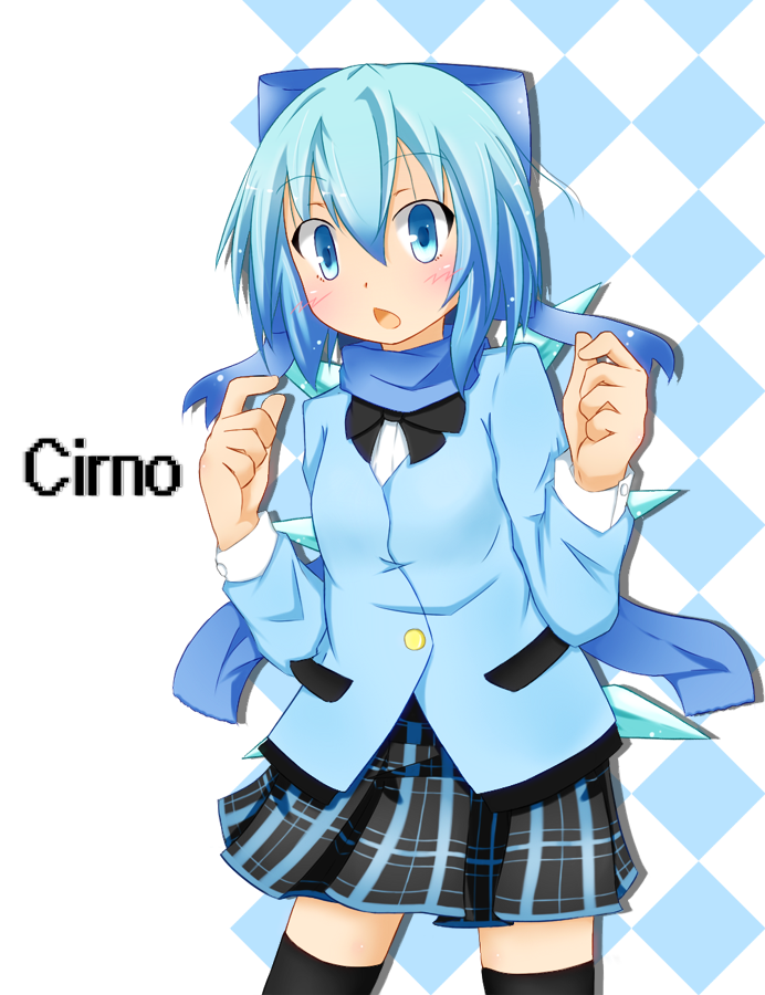 alternate_costume, black_legwear, blue_eyes, blue_hair, blush, bow, checkered, checkered_skirt