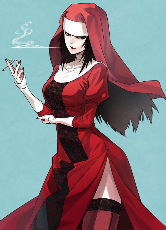 artist_request, black_hair, cigarette, goutokuji_rikako, hokenshitsu_no_shinigami, lace, lace-trimmed_thighhighs, long_hair