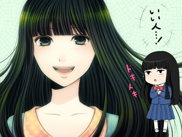 :d, bangs, black_eyes, black_hair, blazer, blunt_bangs, chibi, collarbone