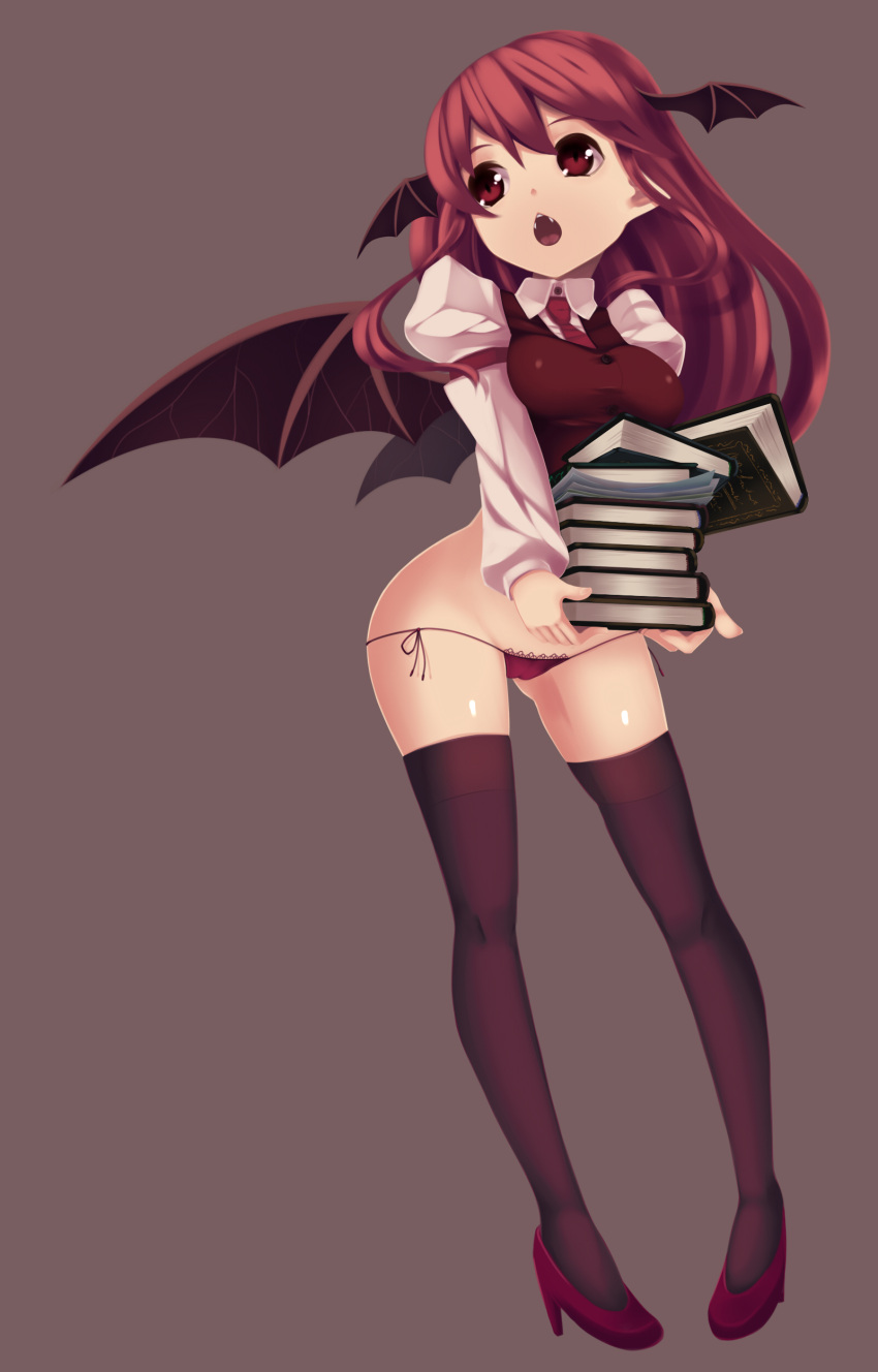 absurdres, arm_garter, bat_wings, black_legwear, book, breasts, cutting_(mkjtl), dress_shirt