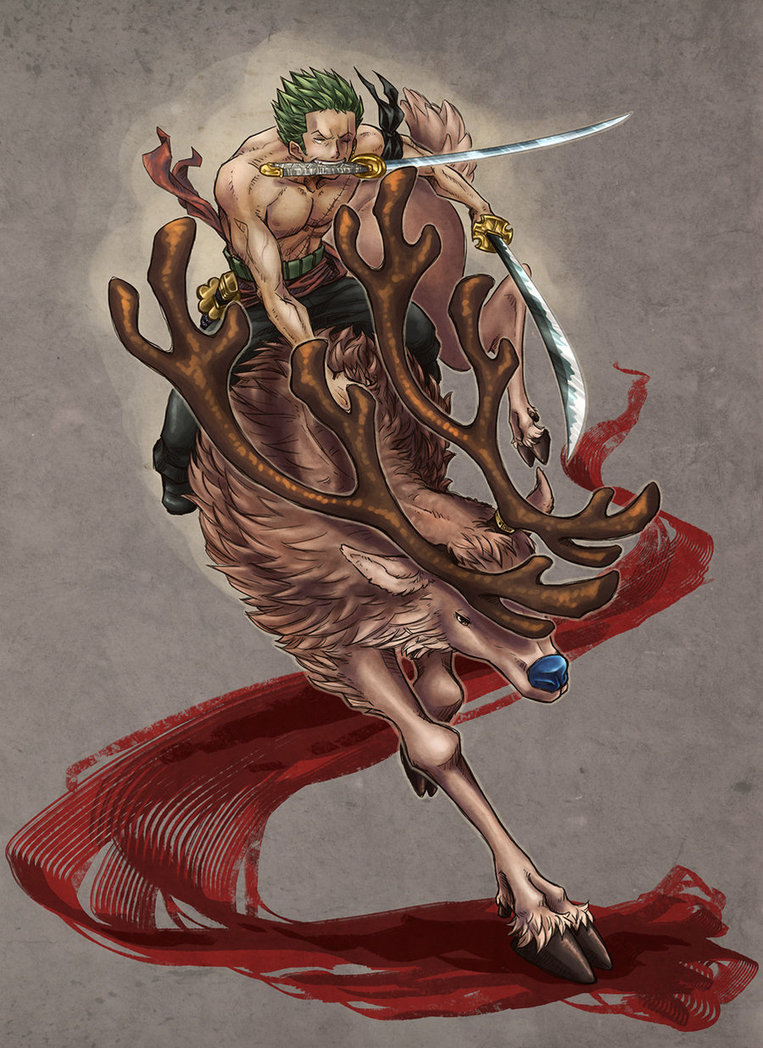 antlers, bandanna, green_hair, grey_background, haramaki, male, muscle, one_piece