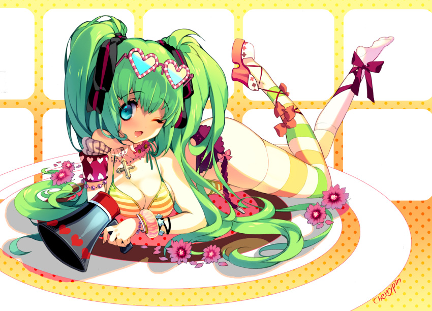 1girl, ankle_lace-up, ankle_ribbon, aqua_eyes, bad_id, bikini, bikini_top, bow