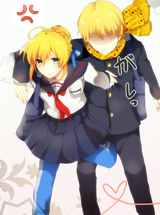 1girl, ahoge, anger_vein, bad_id, blonde_hair, blue_legwear, broom, coat, daradara2, earrings, fate/stay_night, fate_(series), gilgamesh, green_eyes, hair_ribbon, jewelry, pantyhose, ribbon, saber, school_uniform, serafuku, short_hair