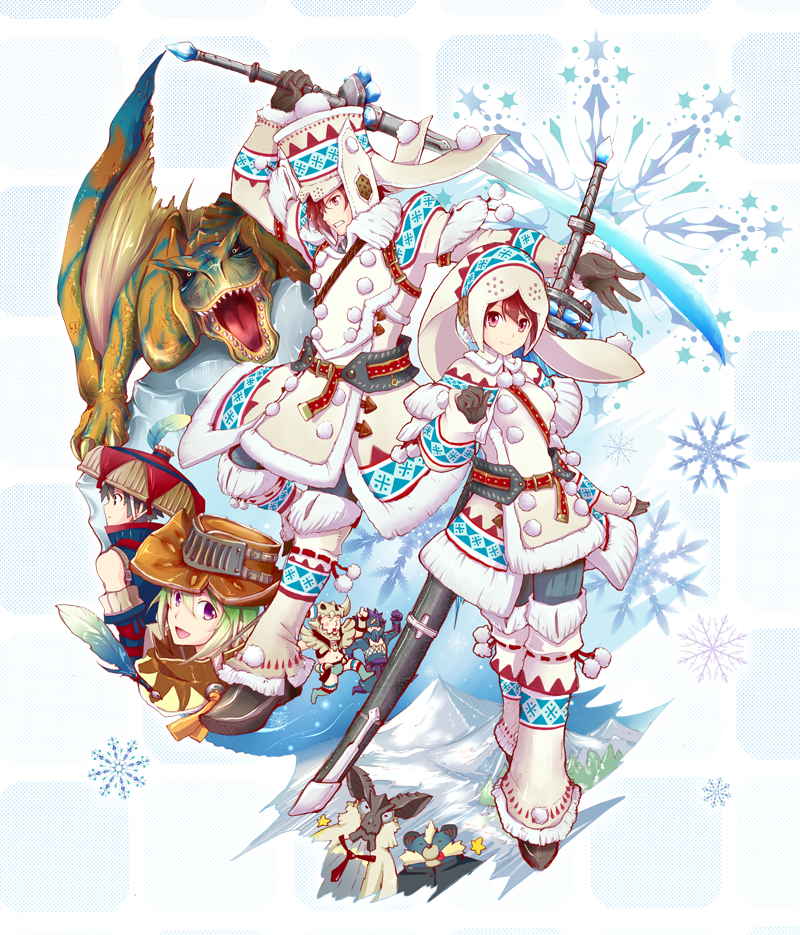 2girls, 4boys, baku_(bakunooekaki), bone_(armor), character_request, dinosaur, furogi_(armor), monster_hunter