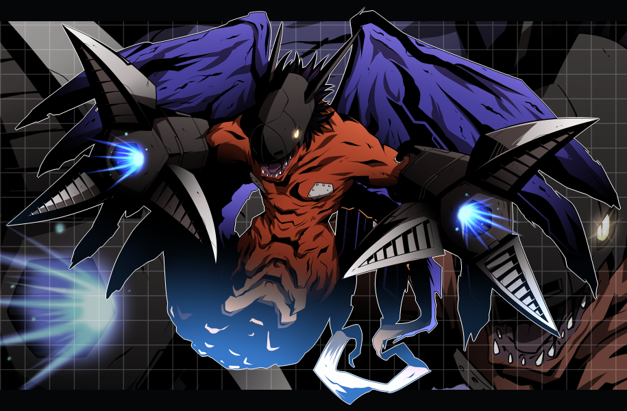 digimon, glowing, glowing_eyes, megadramon, nijiirosekai, no_humans, satsuki_mei_(sakuramochi), wings, zoom_layer