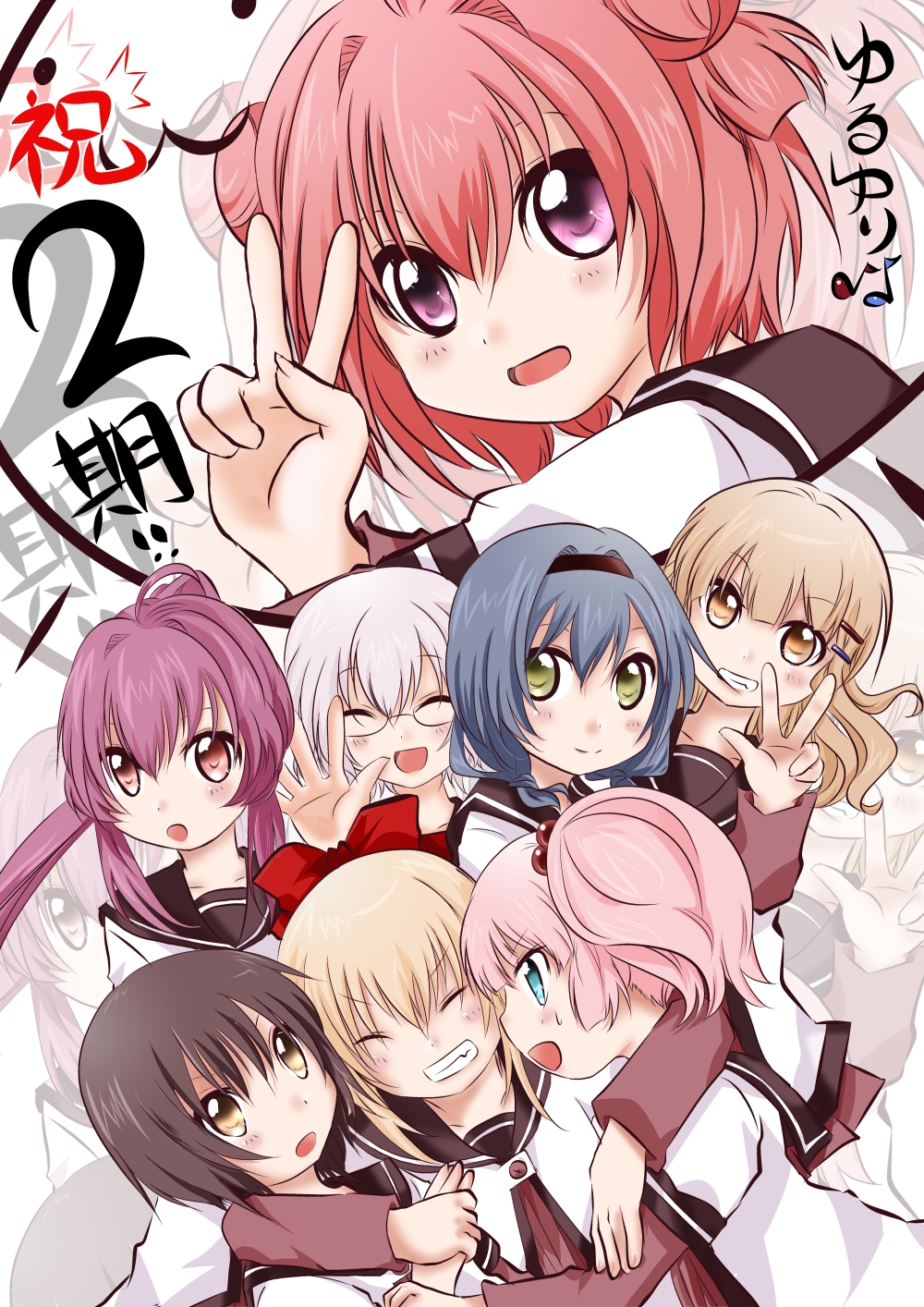 :d, ^_^, ahoge, akaza_akari, announcement_celebration, blonde_hair, blue_eyes, blue_hair