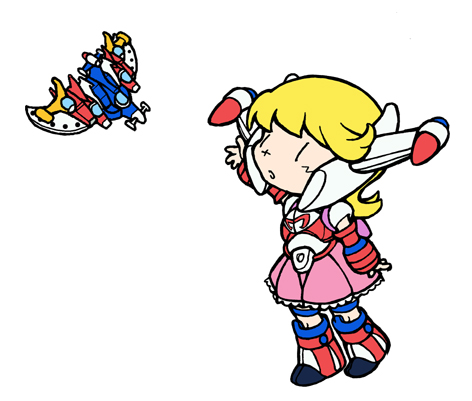 bara-tan, blonde_hair, chibi, chojin_sentai_barattack, dress, lowres, mecha, mecha_musume, pink_dress, simple_background, toei_robot_girls, ueno_sora, white_background