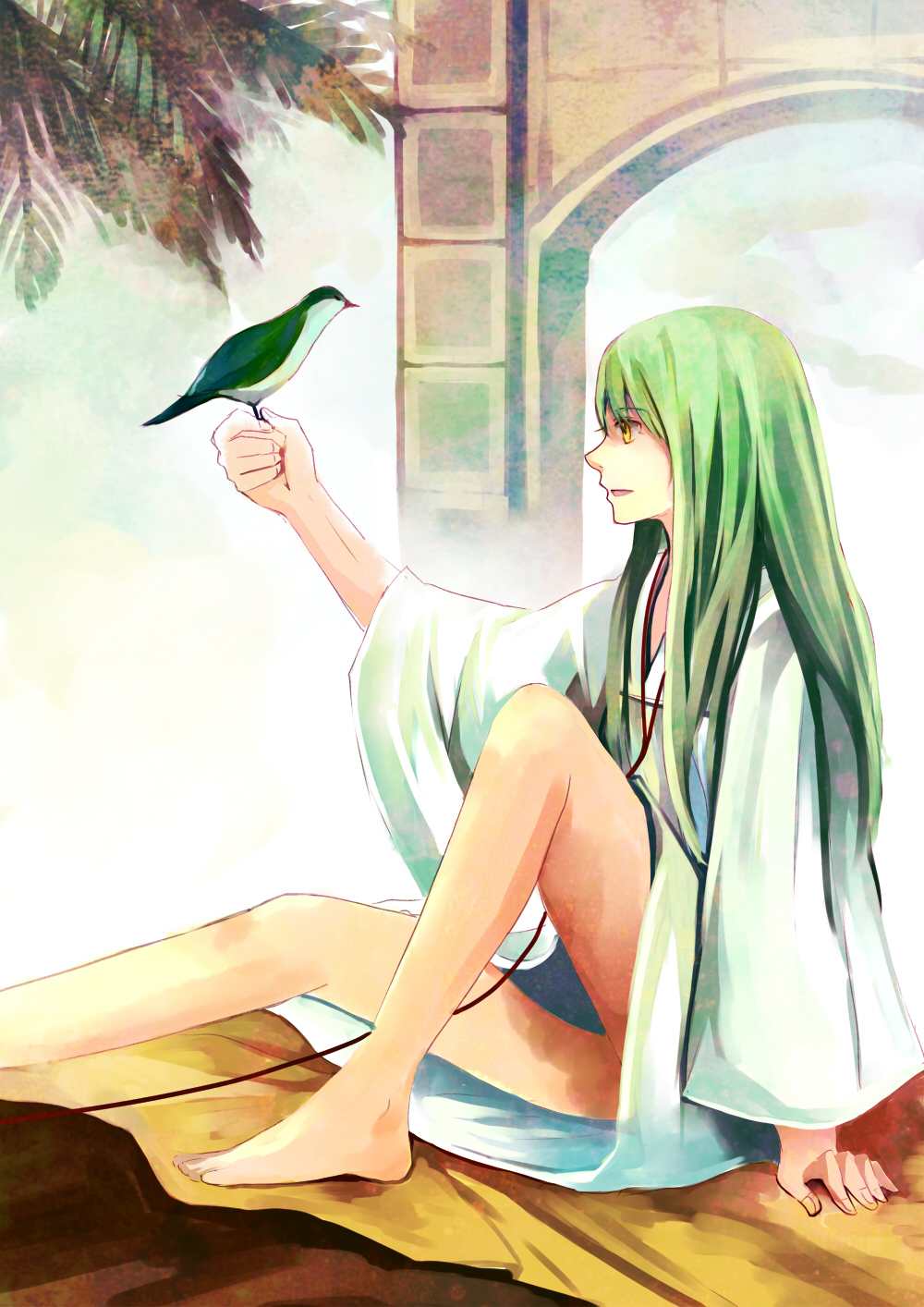 androgynous, barefoot, bird, enkidu_(fate/strange_fake), fate/stay_night, fate/strange_fake, fate_(series), green_hair, highres, kalalaka, legs, long_hair, male, profile, robe, solo, trap, yellow_eyes