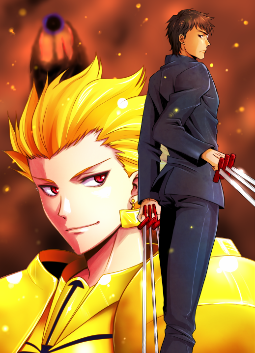 black_keys, blonde_hair, brown_eyes, brown_hair, earrings, fate/stay_night, fate/zero, fate_(series), gilgamesh, iko_(keitan), jewelry, kotomine_kirei, male, multiple_boys, red_eyes, short_hair, throwing_knife, weapon