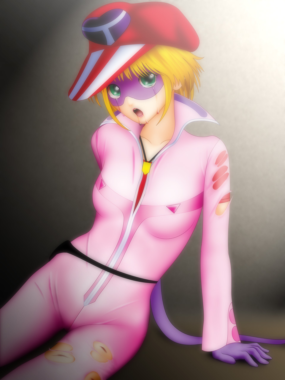 1girl, arm_support, bangs, blonde_hair, bodysuit, breasts, crying, crying_with_eyes_open, domino_mask, drooling, gloves, green_eyes, hat, highres, injury, kaminari_ai, looking_at_viewer, mask, medium_breasts, naturaldays, on_floor, open_mouth, pink_bodysuit, purple_gloves, samejima_minoru, short_hair, small_breasts, solo, tears, time_bokan_(series), torn_bodysuit, torn_clothes, yatterman