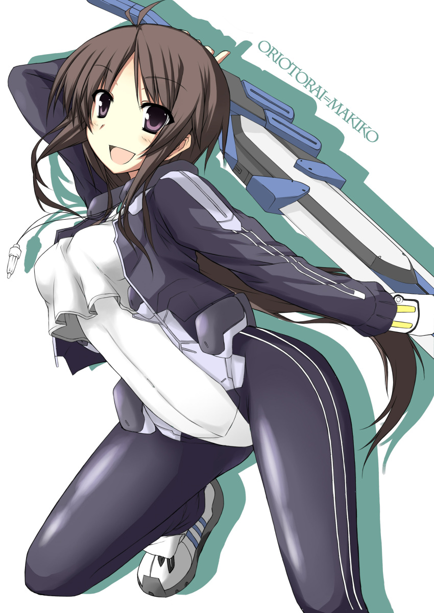 antenna_hair, arm_behind_head, arm_up, bodysuit, breasts, brown_hair, character_name, double_vertical_stripe, gloves, highres, jewelry, kyoukai_senjou_no_horizon, long_hair, necklace, open_mouth, oriotorai_makiko, pantyhose, payot, pilot_suit, purple_eyes, shoes, simple_background, smile, sneakers, solo, sword, tozuka_natsuru, violet_eyes, weapon, white_background