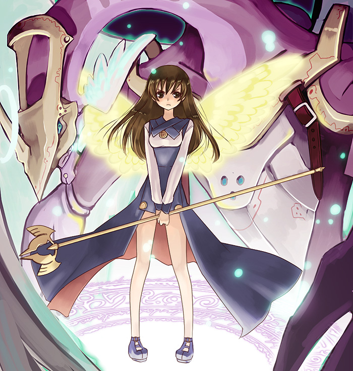 amer, brown_eyes, brown_hair, long_hair, magic_circle, no_socks, shirojiro_shiro, staff