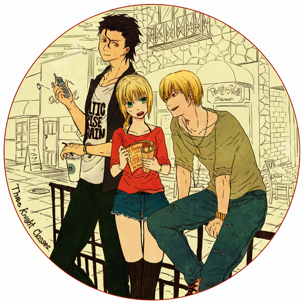 2boys, black_hair, blonde_hair, blush, bracelet, casual, cellphone, cup, english, fate/stay_night, fate/zero, fate_(series), gilgamesh, green_eyes, jewelry, lancer_(fate/zero), long_hair, multiple_boys, necklace, orange_eyes, phone, ponytail, red_eyes, saber, short_hair, smile, starbucks, sweat, teito_(yukitoki-tatsuhi)