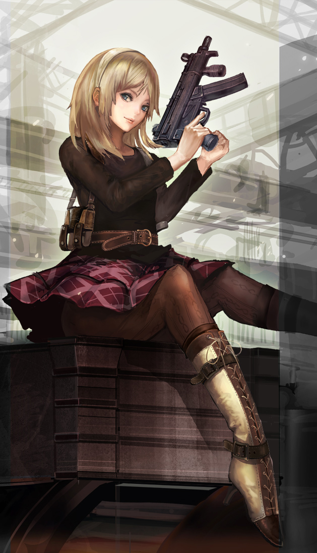 blonde_hair, blue_eyes, boots, end_of_eternity, gun, h&amp;k_mp5k, hairband, heckler_&amp;_koch
