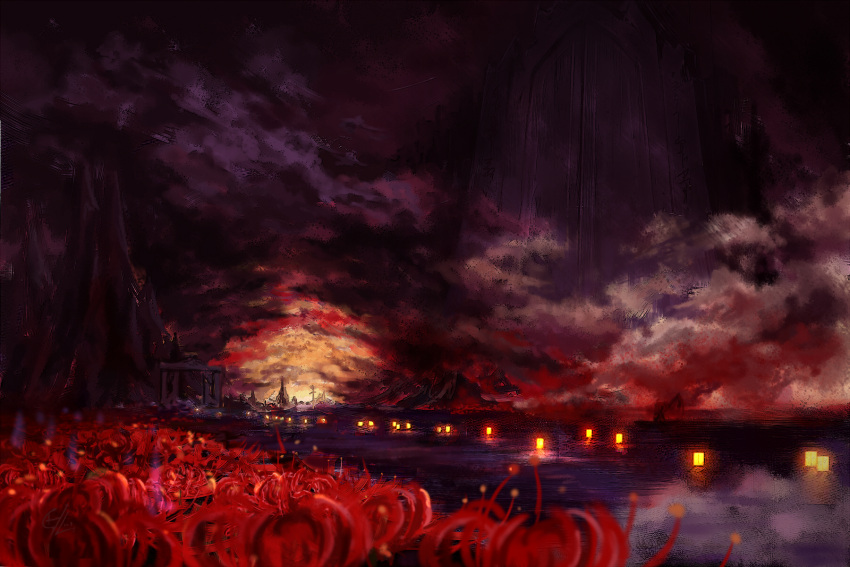 cloud, dark, faux_traditional_media, flower, highres, lantern, mountain, no_humans, phantasmagoria_of_flower_view, river, sanzu_river, scenery, spider_lily, sunset, touhou, tree, water